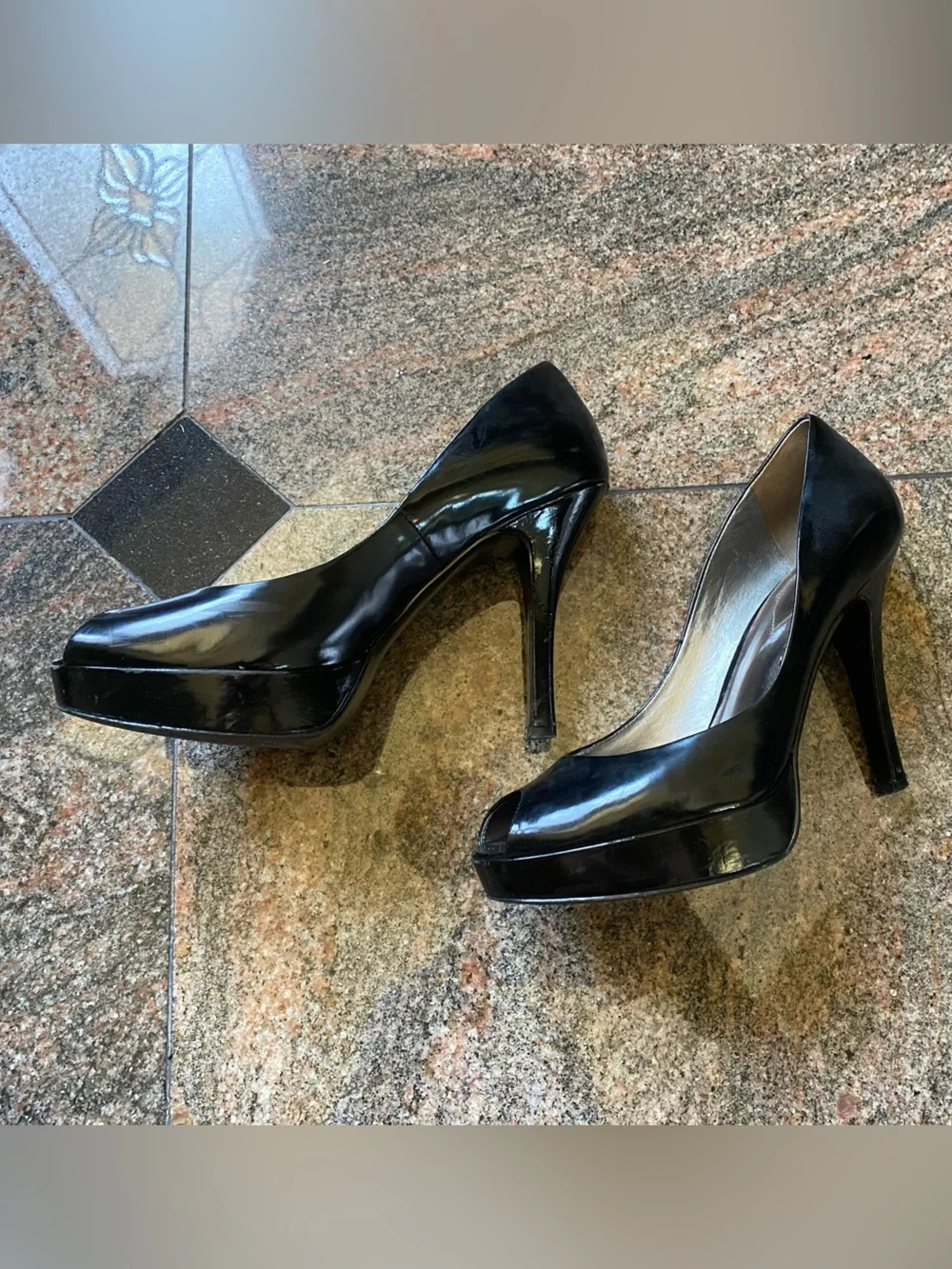 GUESS Black Patent Peep-Toe Pumps, Size 7